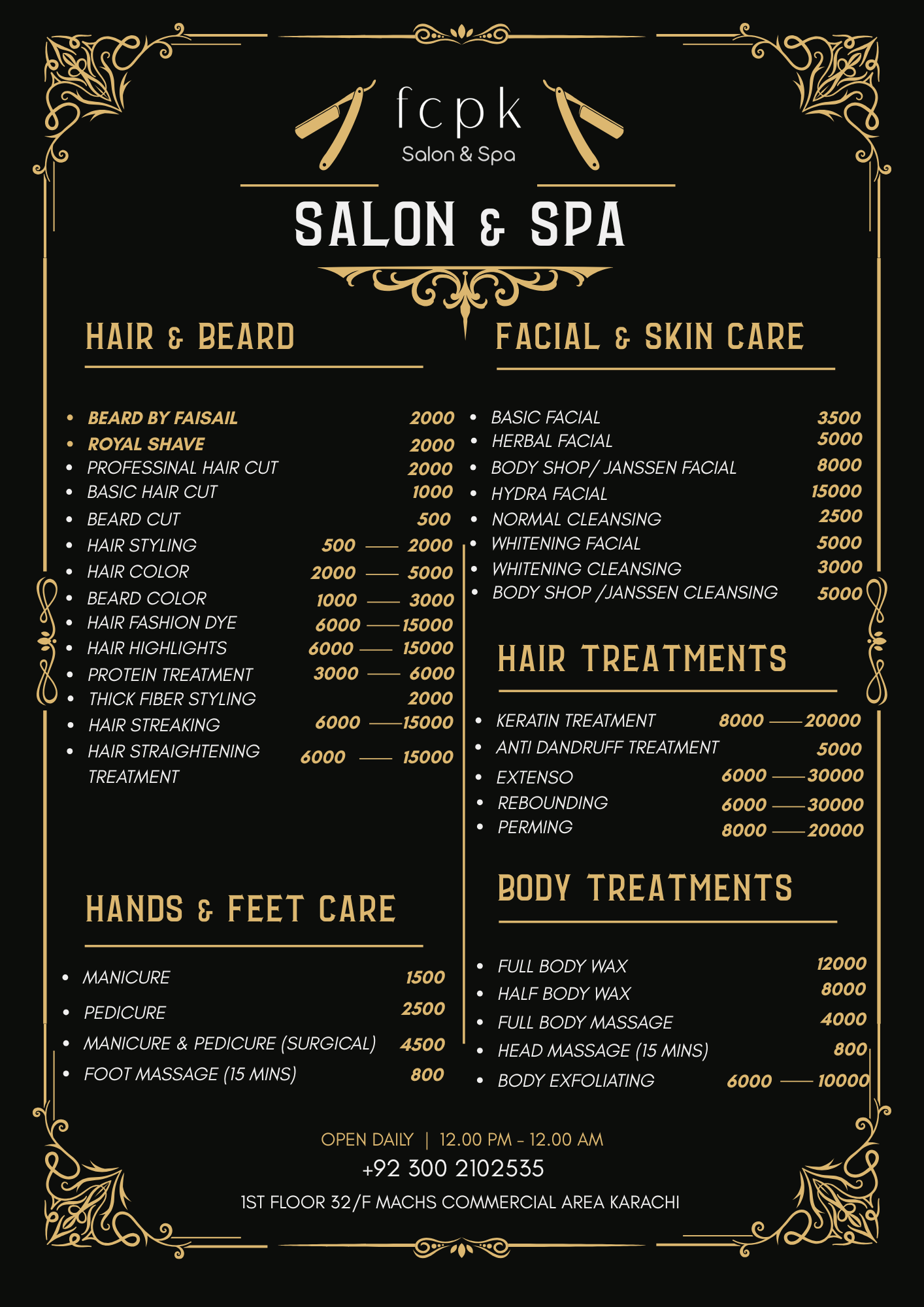 FCPK Salon Menu